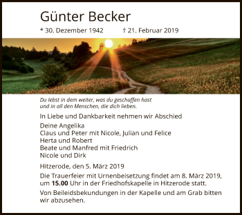 Traueranzeige von Günter Becker von Eschwege