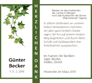 Traueranzeige von Günter Becker von Eschwege