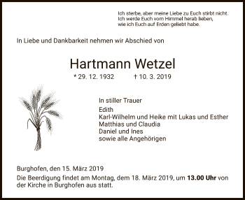 Traueranzeige von Hartmann Wetzel von Eschwege