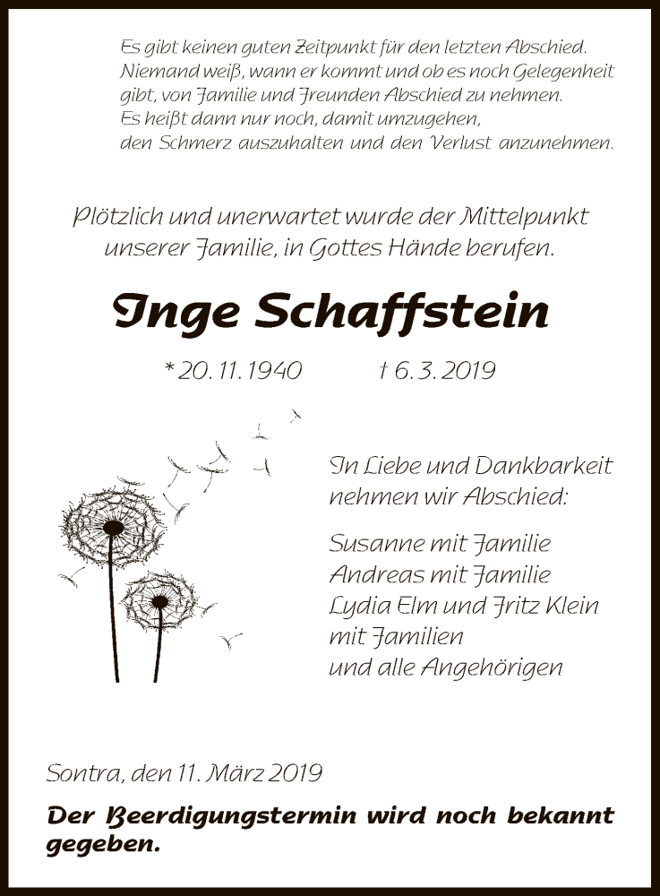  Traueranzeige für Inge Schaffstein vom 11.03.2019 aus Eschwege