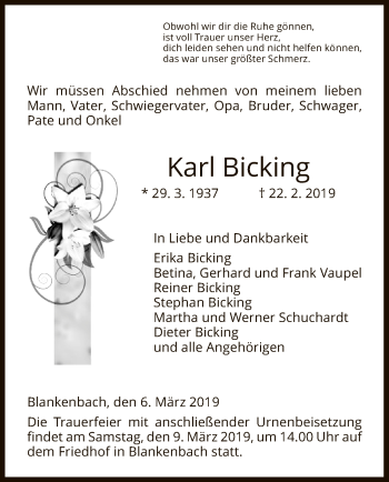 Traueranzeige von Karl Bicking von Eschwege