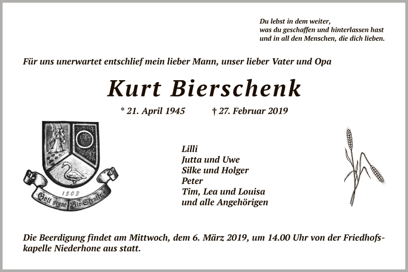  Traueranzeige für Kurt Bierschenk vom 02.03.2019 aus Eschwege