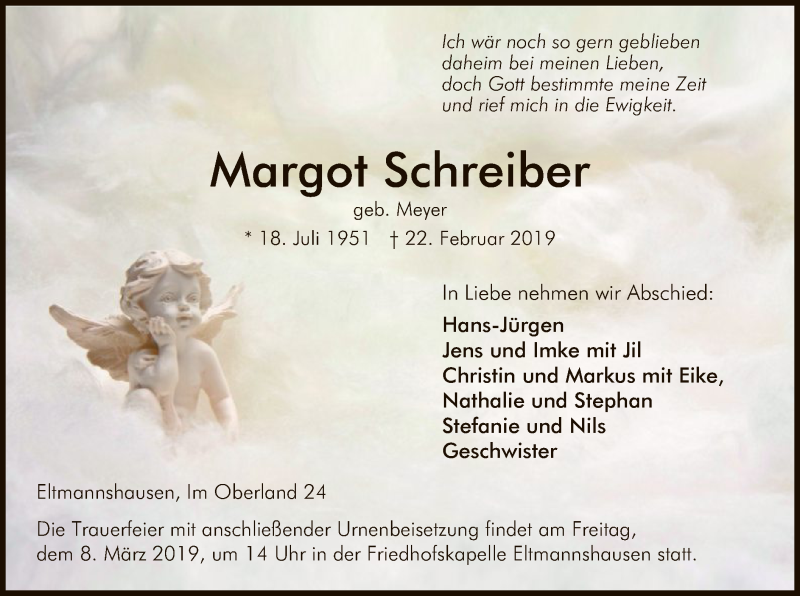  Traueranzeige für Margot Schreiber vom 04.03.2019 aus Eschwege