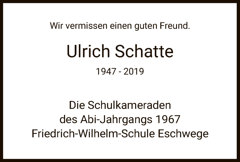  Traueranzeige für Ulrich Schatte vom 16.03.2019 aus Eschwege