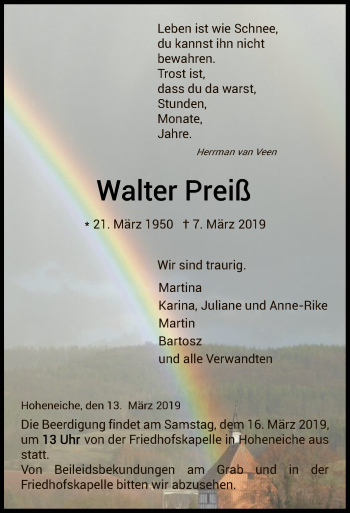 Traueranzeige von Walter Preiß von Eschwege