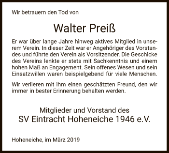 Traueranzeige von Walter Preiß von Eschwege