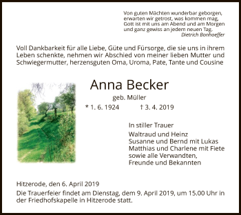 Traueranzeige von Anna Becker von Eschwege