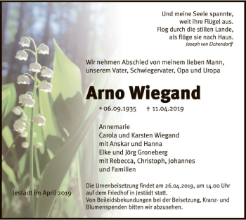 Traueranzeige von Arno Wiegand von Eschwege