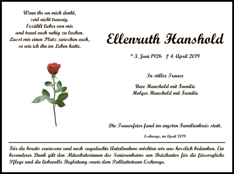  Traueranzeige für Ellenruth Hanshold vom 13.04.2019 aus Eschwege
