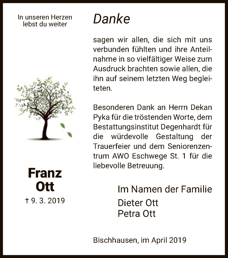  Traueranzeige für Franz Ott vom 06.04.2019 aus Eschwege
