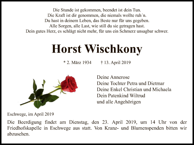  Traueranzeige für Horst Wischkony vom 18.04.2019 aus Eschwege
