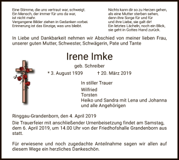 Traueranzeige von Irene Imke von Eschwege