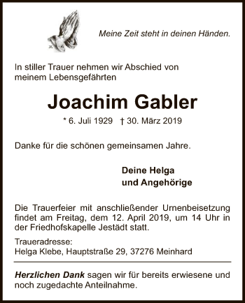 Traueranzeige von Joachim Gabler von Eschwege