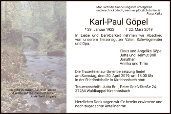 Traueranzeige von Karl-Paul Göpel von Eschwege