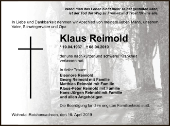 Traueranzeige von Klaus Reimold von Eschwege