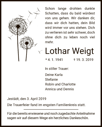 Traueranzeige von Lothar Weigt von Eschwege