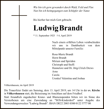 Traueranzeige von Ludwig Brandt von Eschwege