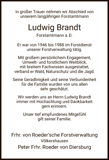 Traueranzeige von Ludwig Brandt von Eschwege