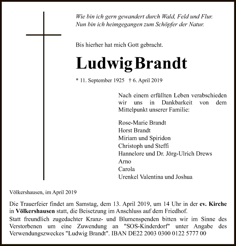  Traueranzeige für Ludwig Brandt vom 10.04.2019 aus Eschwege
