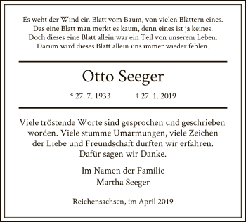 Traueranzeige von Otto Seeger von Eschwege