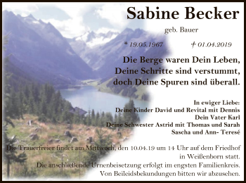 Traueranzeige von Sabine Becker von Eschwege