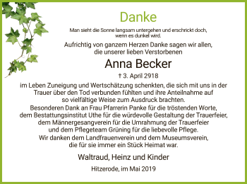 Traueranzeige von Anna Becker von Eschwege