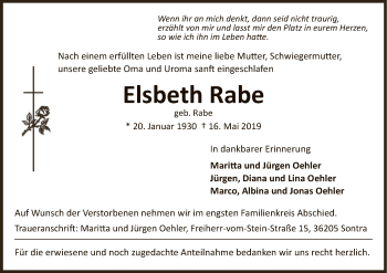 Traueranzeige von Elsbeth Rabe von Eschwege