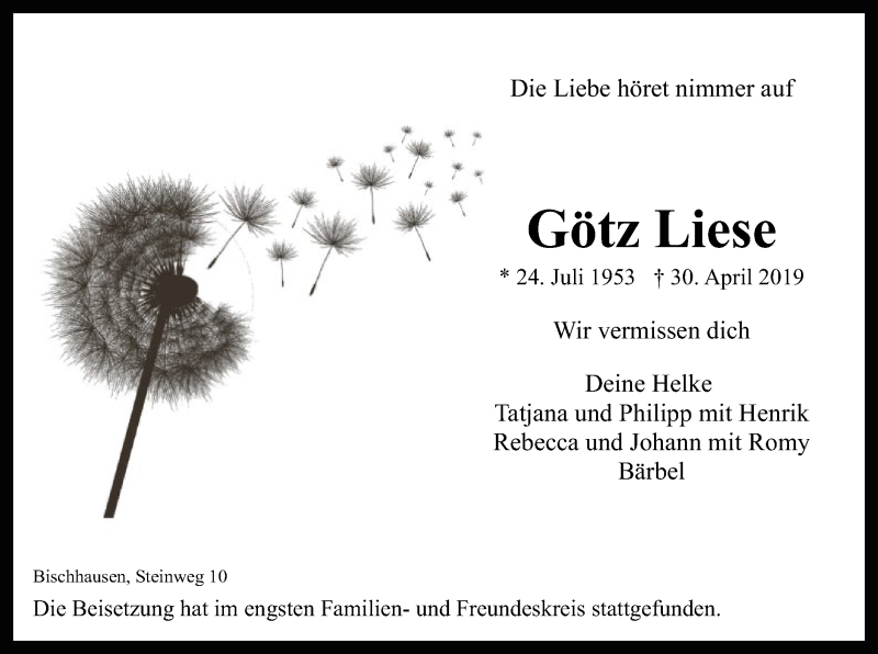  Traueranzeige für Götz Liese vom 18.05.2019 aus Eschwege