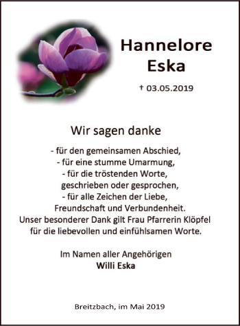 Traueranzeige von Hannelore Eska von Eschwege