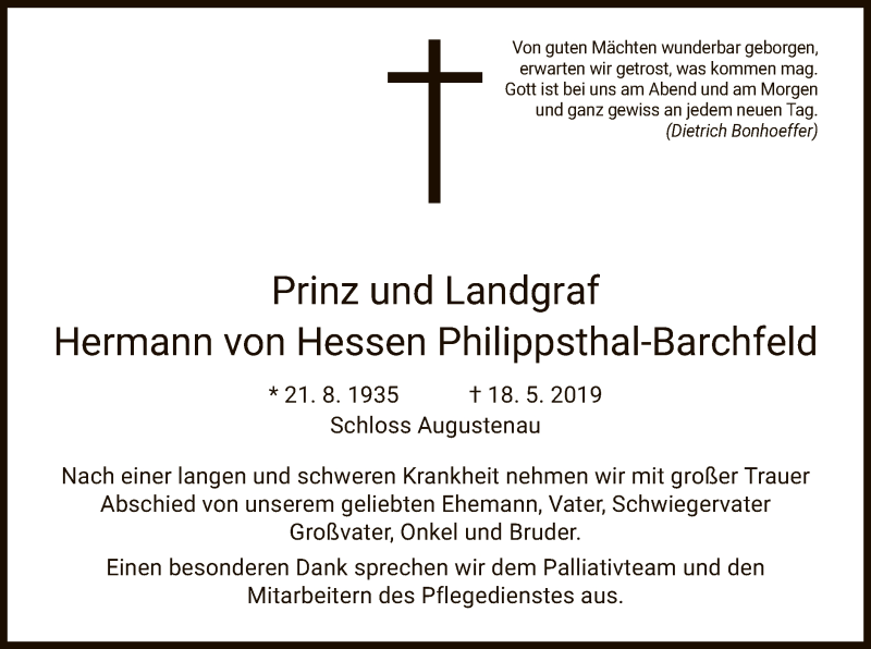  Traueranzeige für Hermann von Hessen Philippsthal-Barchfeld vom 22.05.2019 aus Eschwege