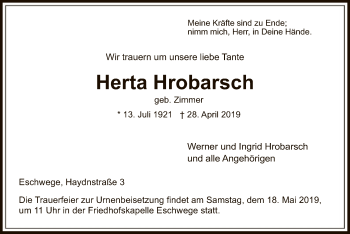 Traueranzeige von Herta Hrobarsch von Eschwege