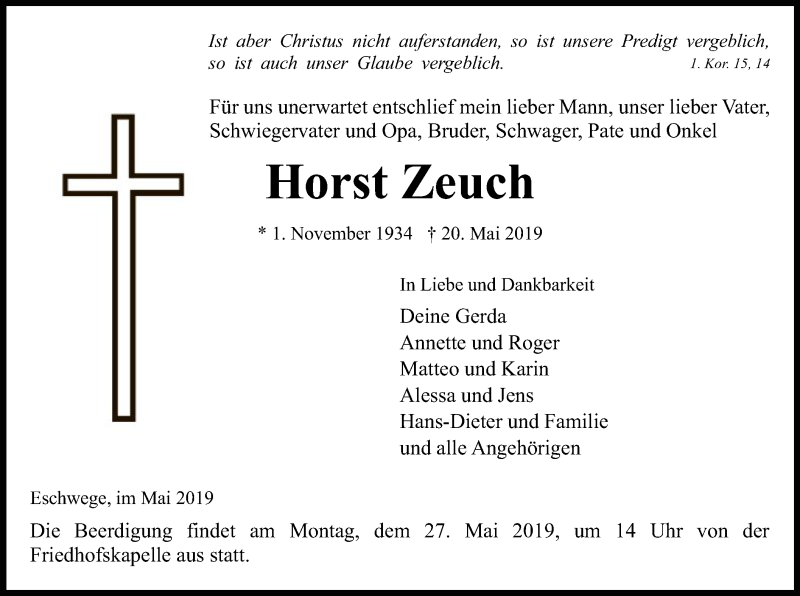  Traueranzeige für Horst Zeuch vom 25.05.2019 aus Eschwege