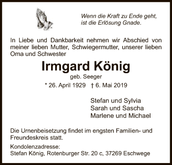 Traueranzeige von Irmgard König von Eschwege