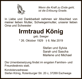 Traueranzeige von Irmtraud König von Eschwege