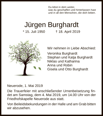 Traueranzeige von Jürgen Burghardt von Eschwege