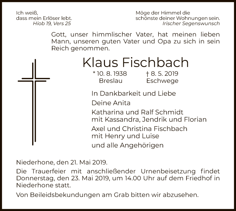  Traueranzeige für Klaus Fischbach vom 21.05.2019 aus Eschwege