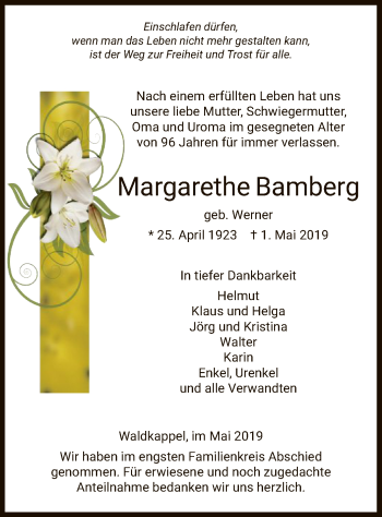 Traueranzeige von Margarethe Bamberg von Eschwege
