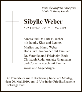 Traueranzeige von Sibylle Weber von Eschwege