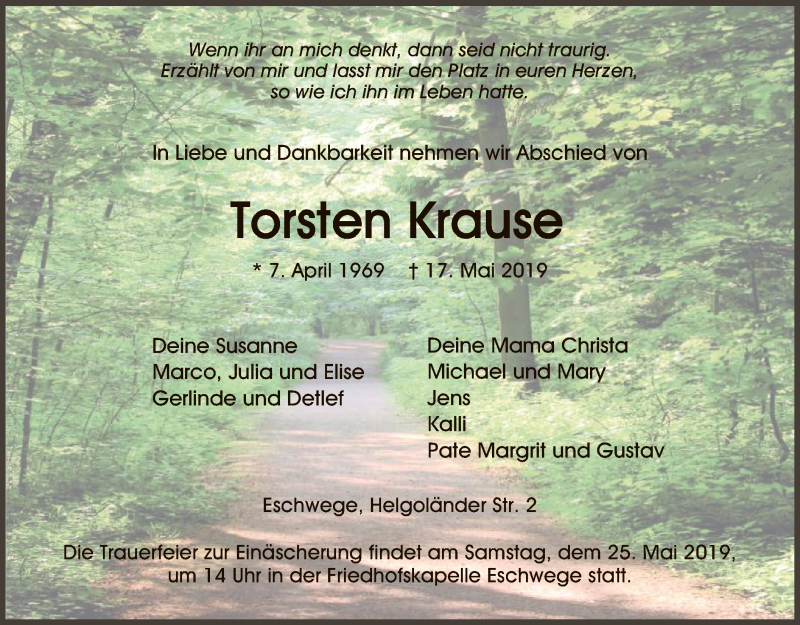  Traueranzeige für Torsten Krause vom 22.05.2019 aus Eschwege