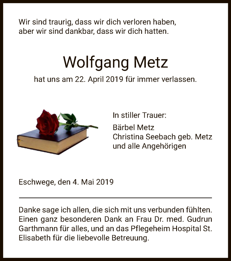  Traueranzeige für Wolfgang Metz vom 04.05.2019 aus Eschwege