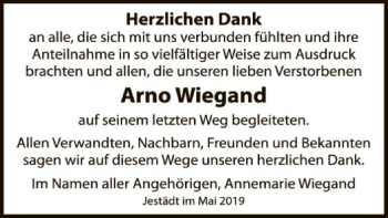 Traueranzeige von Arno Wiegand von Eschwege