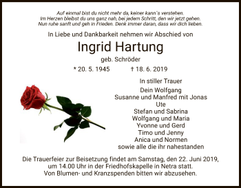 Traueranzeige von Ingrid Hartung von Eschwege