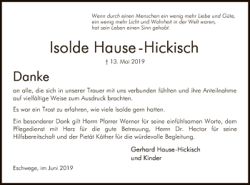 Traueranzeige von Isolde Hause-Hickisch von Eschwege