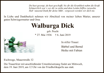 Traueranzeige von Walburga Dick von Eschwege