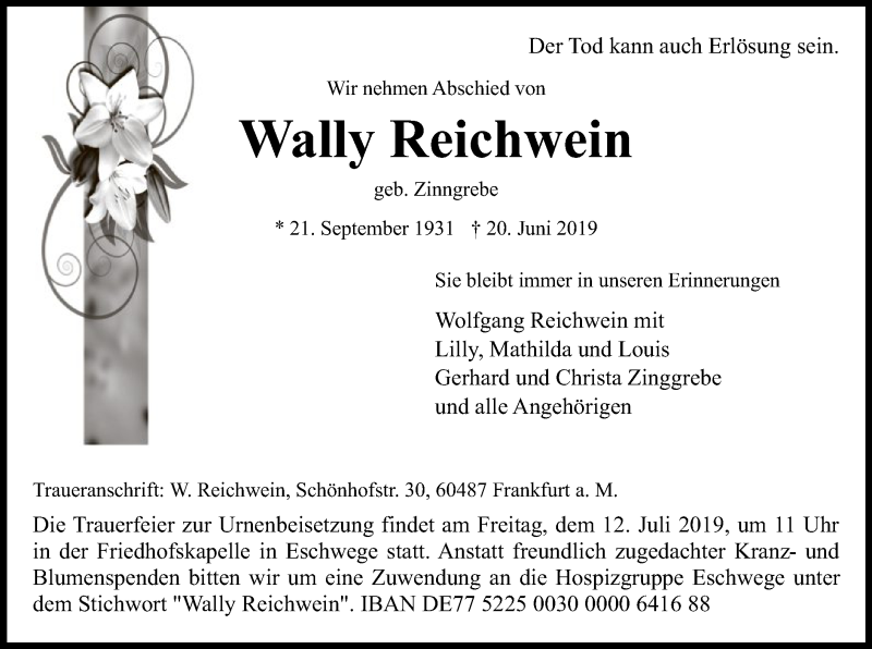  Traueranzeige für Wally Reichwein vom 26.06.2019 aus Eschwege