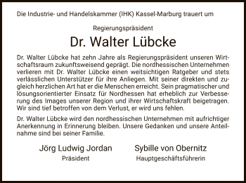 Traueranzeige von Walter Lübcke von Eschwege