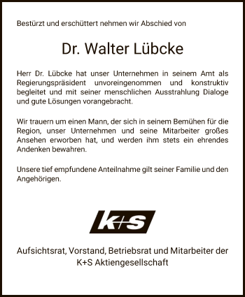 Traueranzeige von Walter Lübcke von Eschwege