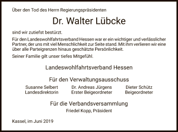 Traueranzeige von Walter Lübcke von Eschwege