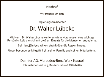 Traueranzeige von Walter Lübcke von Eschwege