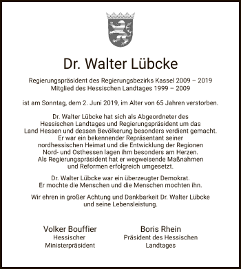 Traueranzeige von Walter Lübcke von Eschwege